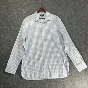 J Crew Shirt Mens Large Wrinkle Free 80's Two Ply Cotton Blue White Plaid Pocket